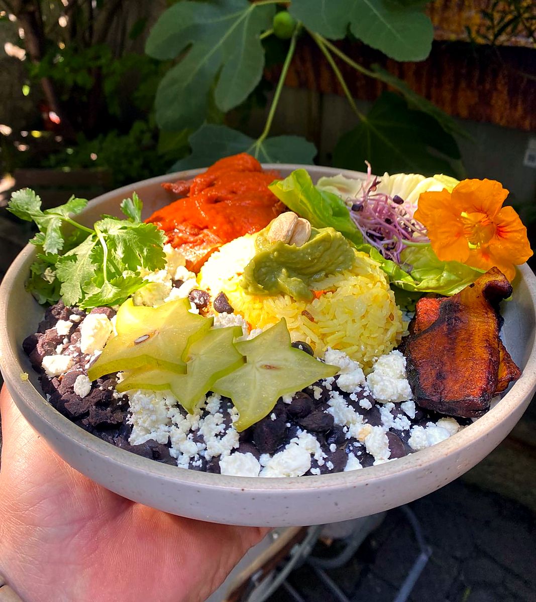 Karibische Bowl mit Reis, schwarzen Bohnen, Feta, gebratener Kochbanane und Sternfrucht, in der Hand gehalten