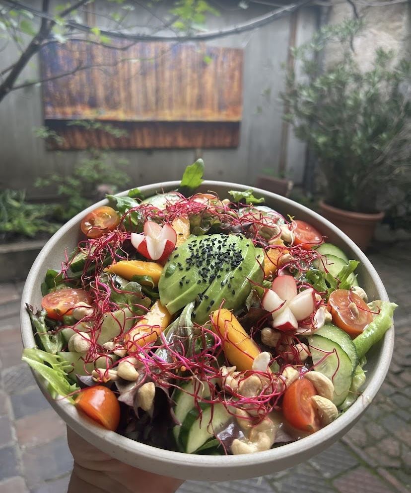 Bunter Salat mit Mango, Avocado und Cashewkernen, im begrünten Innenhof in die Kamera gehalten